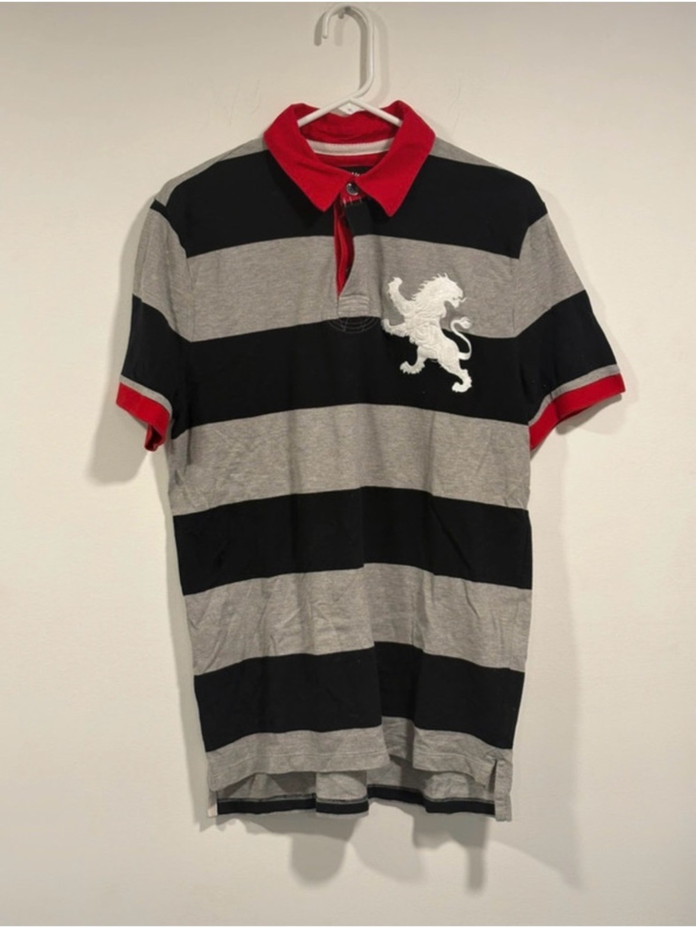 Express Men's Striped Polo Shirt Large Lion Logo Red Collar